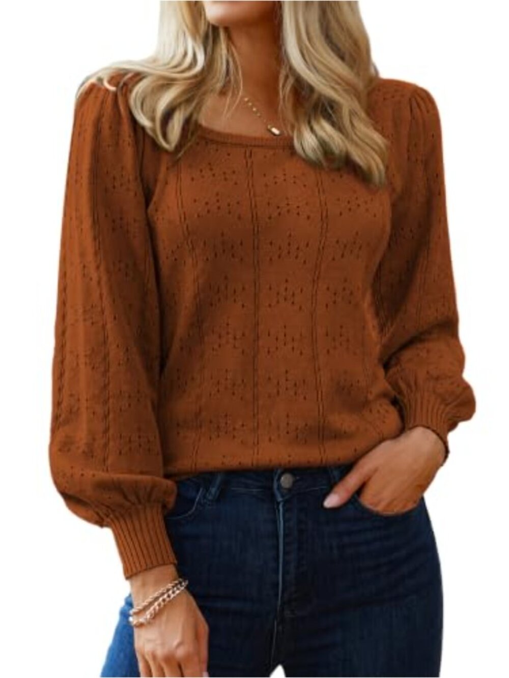 Long Sleeve Square Neck Polka Dot Knit Pullover Sweater Tops